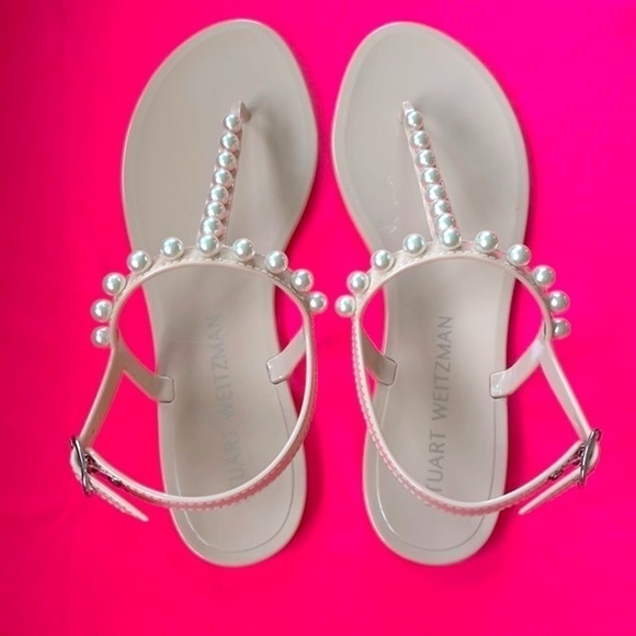 Brand New Stuart Weitzman Goldie Pearly Stud Jelly Sandals Ankle Strap Neutral - Picture 3 of 12